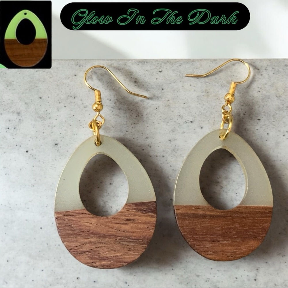 BOHO Style Glow In The Dark Wood & Resin Earrings, Festival